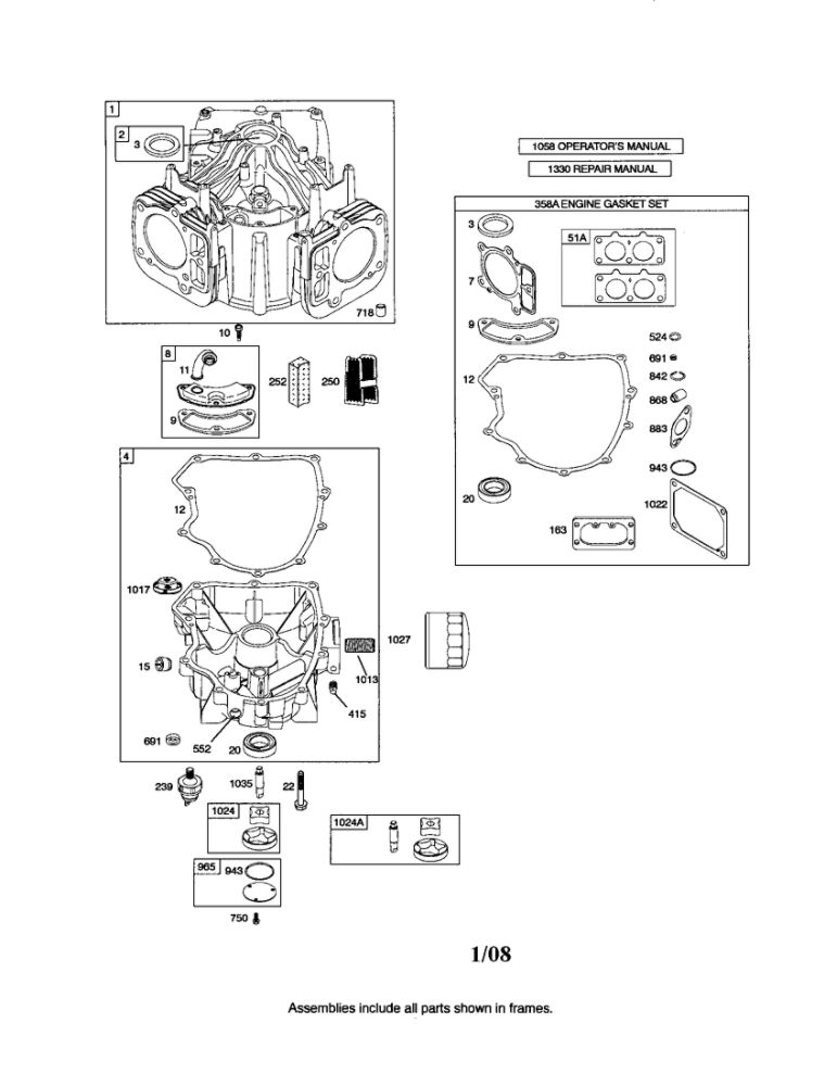 Cylinder/Sump Diagram and Parts List for 44M700 0110-0121 Briggs and Stratton Engine
